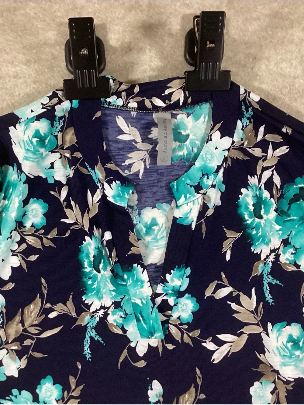 Honeyme Navy Floral Midi Dress with Teal & White Blooms - Picture 2 of 5